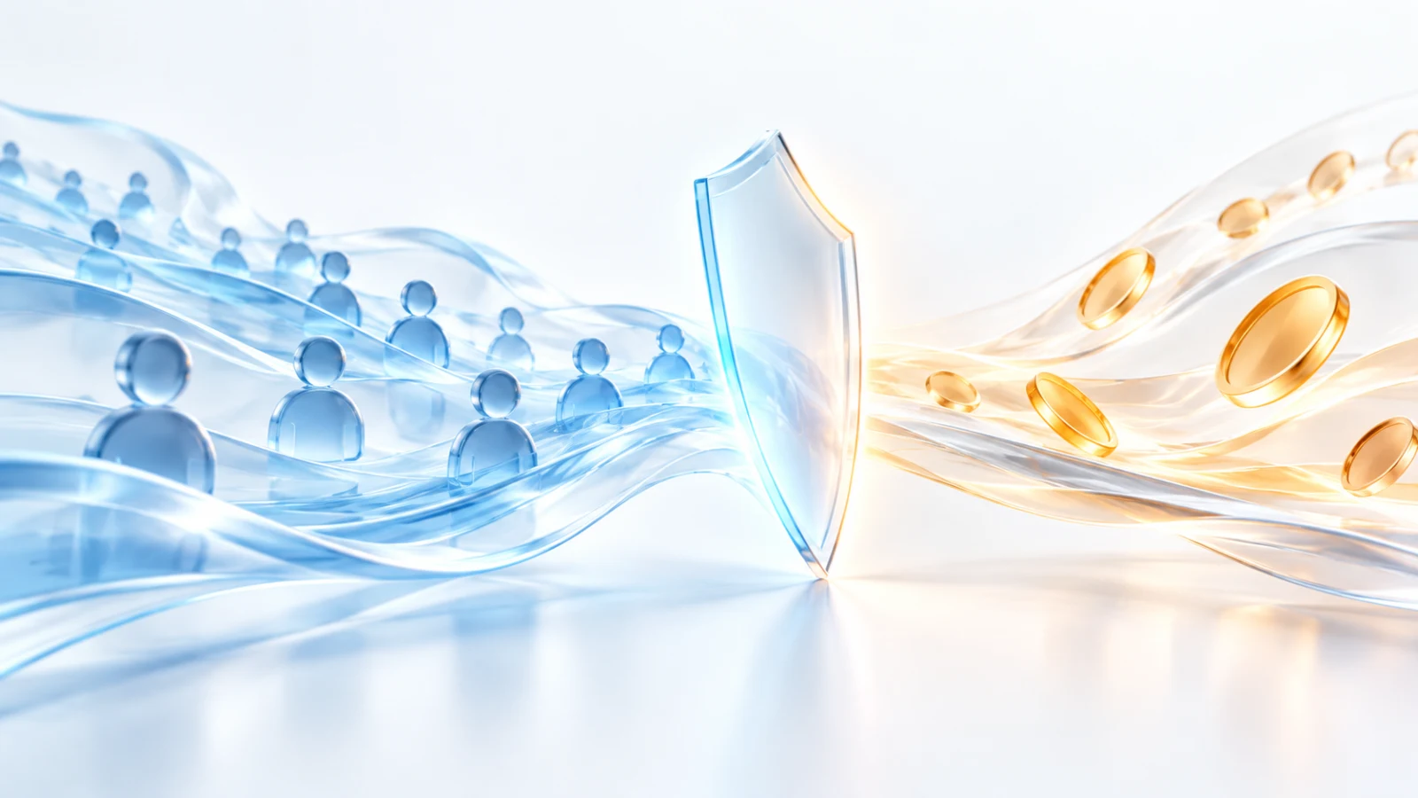 Fluxos abstratos azul e laranja separados por um escudo translúcido, representando a separação entre tráfego autosurf e publicidade