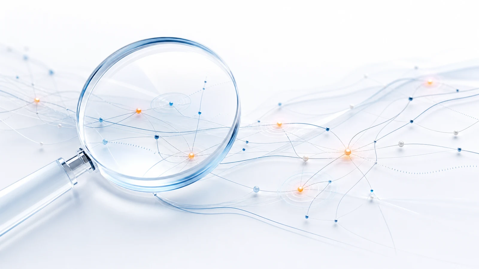 Uma lente analisando uma rede de sinais para representar a relação entre autosurf e SEO